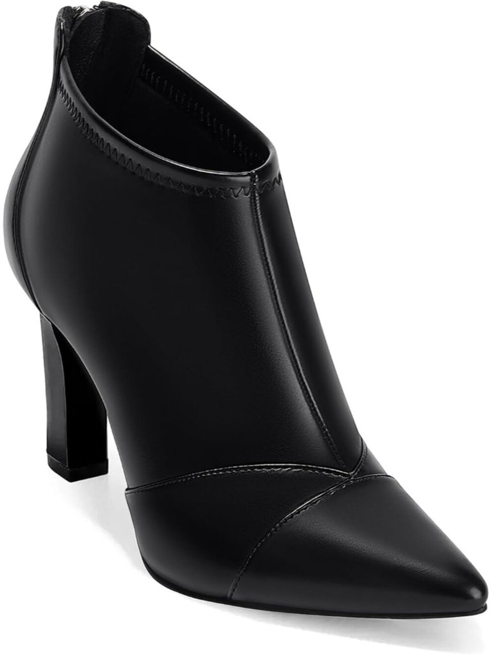 Women's Black Leather Pointed Toe Stiletto Heel Splicing Back Zipper Ankle Boots